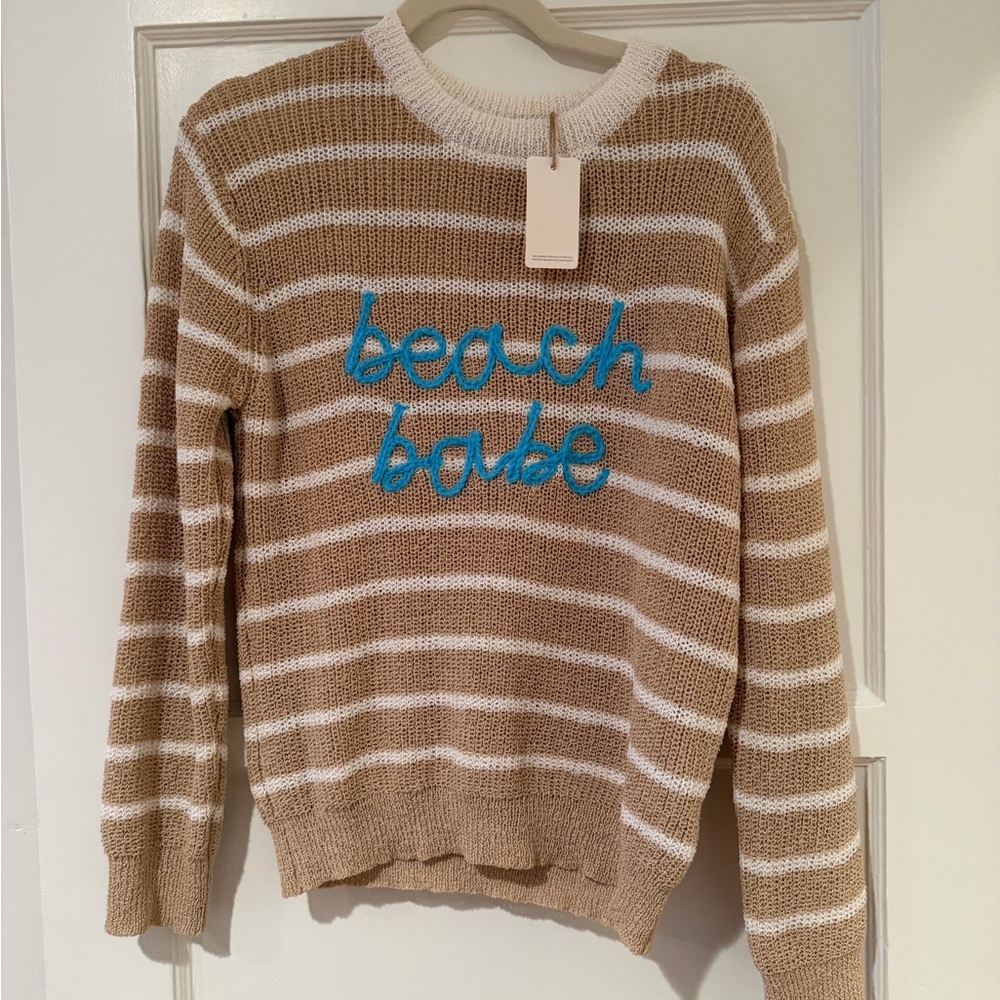 Wishlist Striped Crewneck Sweater in Beige, White & Blue Embroidery